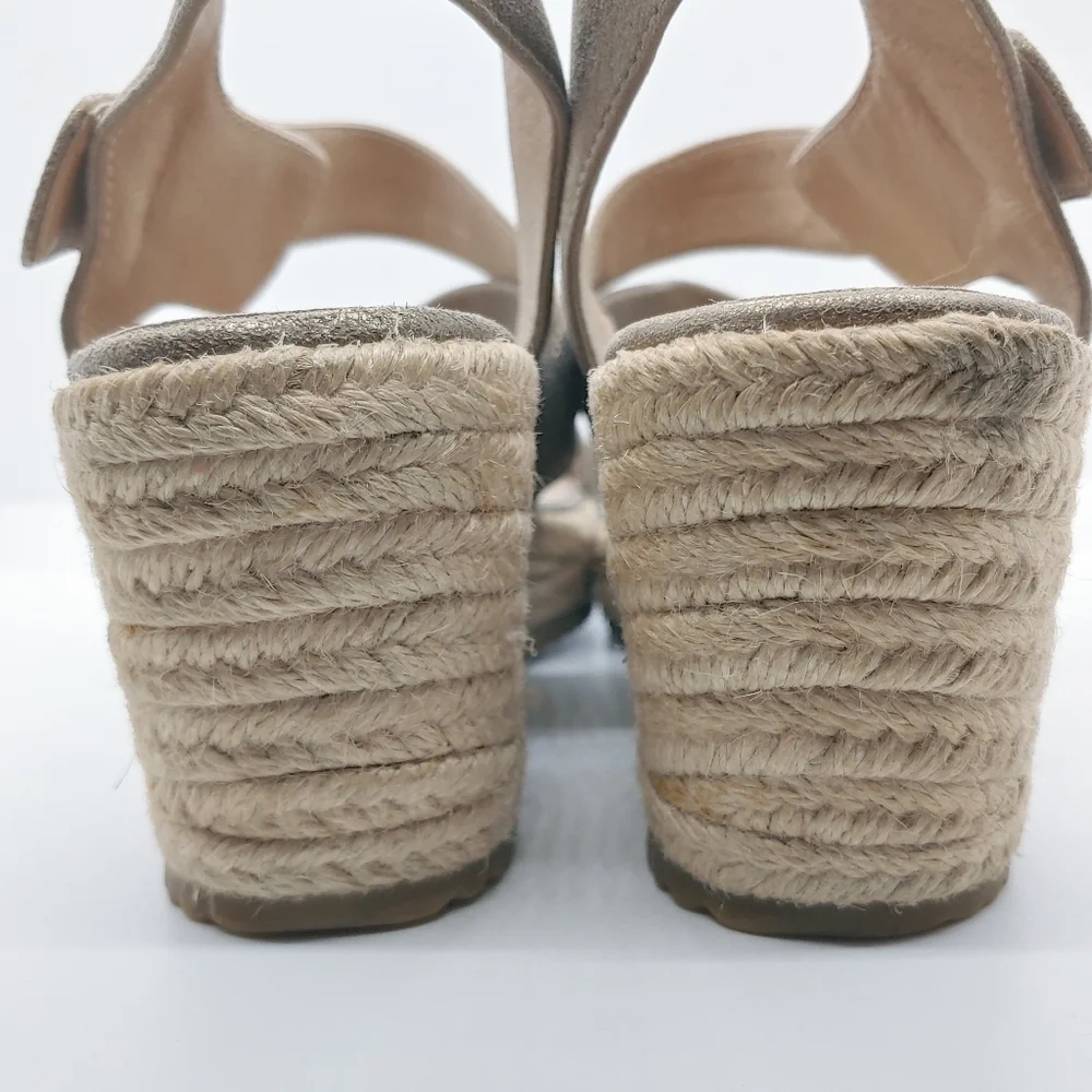 Eileen Fisher Beckon Metallic Suede Espadrille Wedge Sz 7.5 Asymmetrically Strap